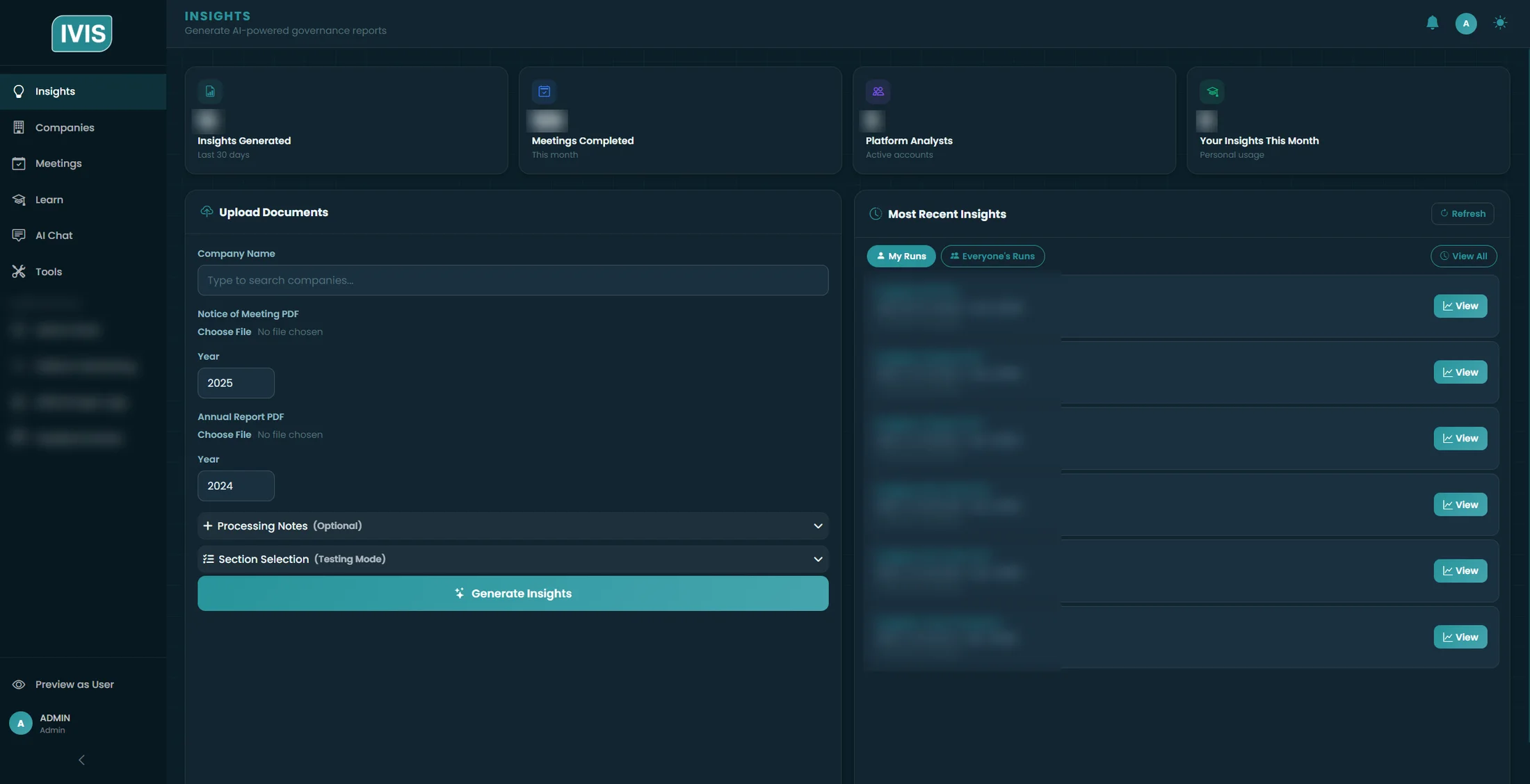 Report generation screen with document upload on one side and recent runs on the other.