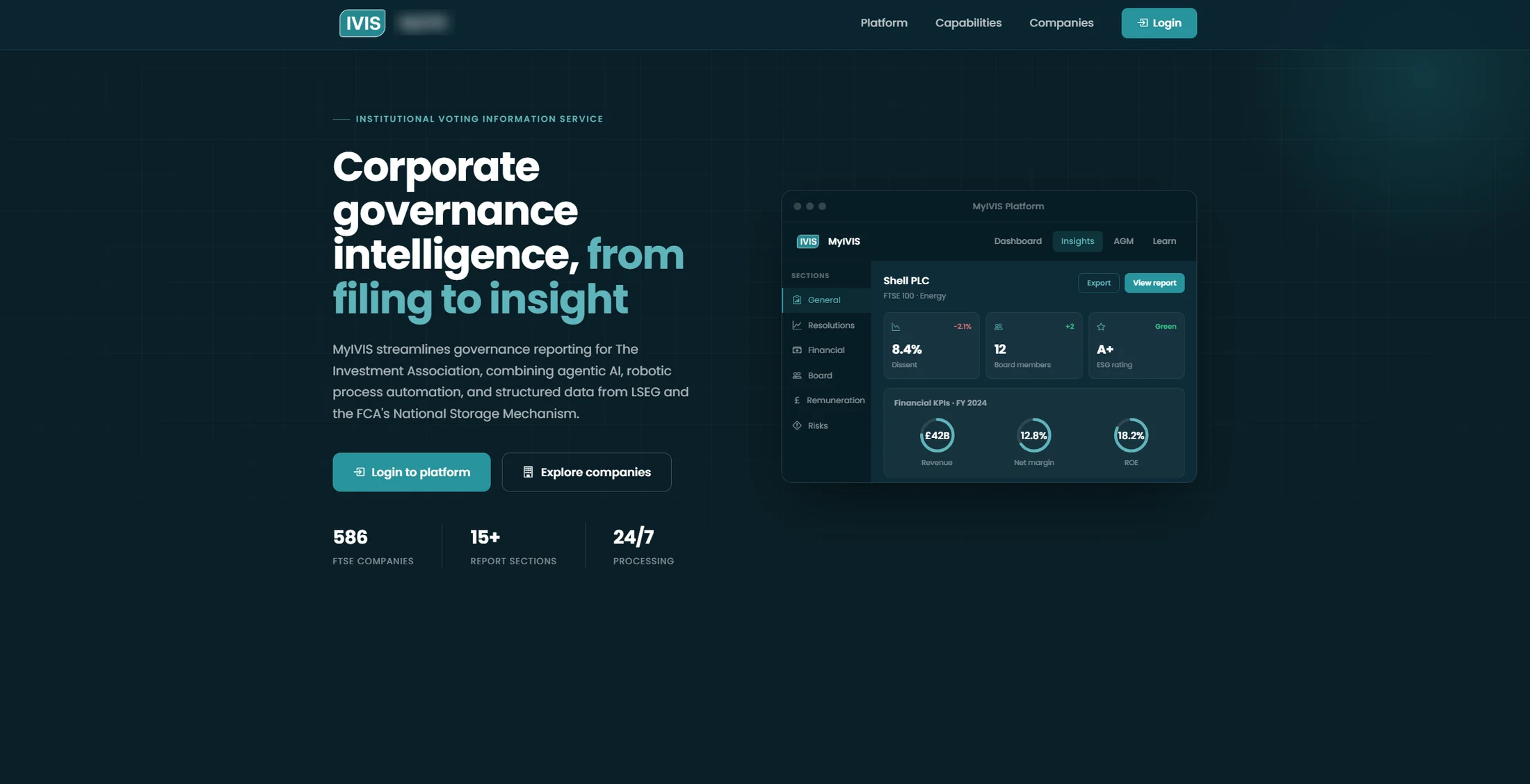 Marketing site for the platform, showing a company insight dashboard.