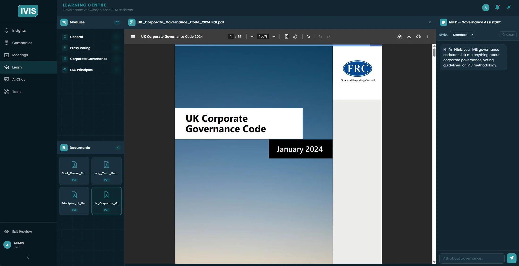 Learning centre with training modules, a reference document open, and an assistant panel.