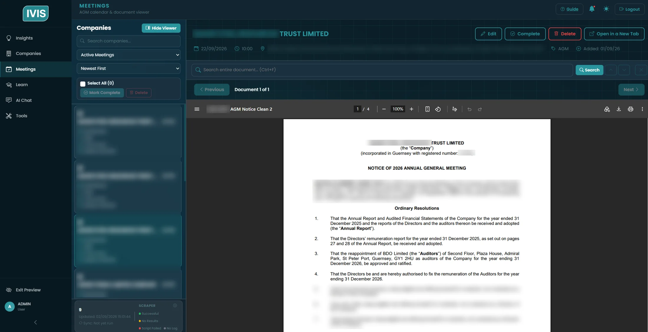 Meeting calendar with a detected notice open in the built-in document viewer.