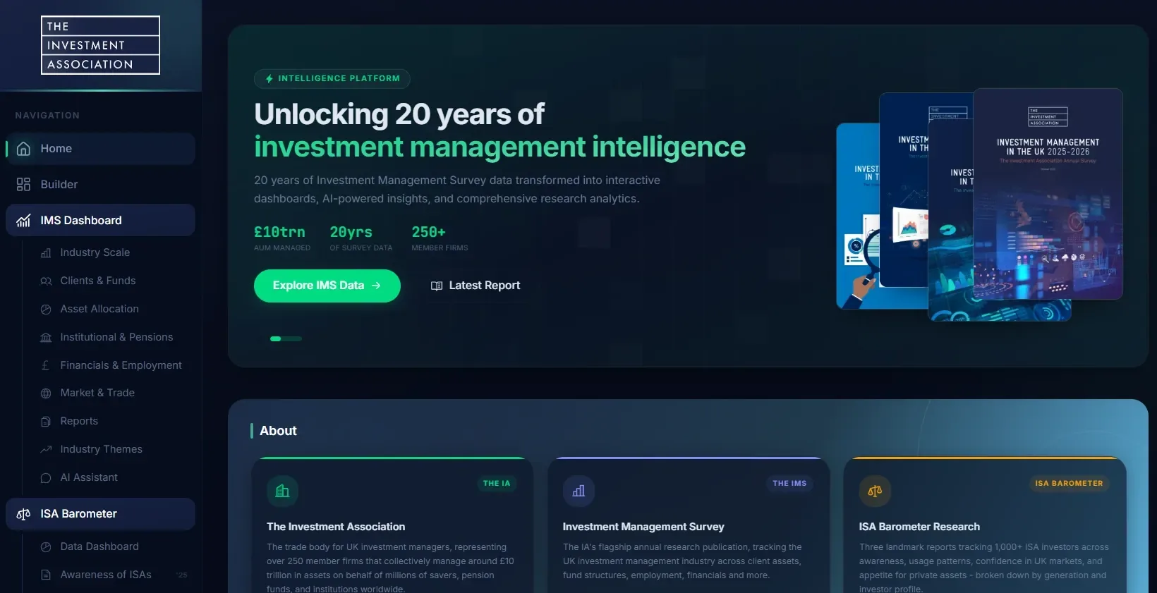 Home screen of the IA Intelligence Platform, introducing twenty years of Investment Management Survey data and the ISA Barometer.