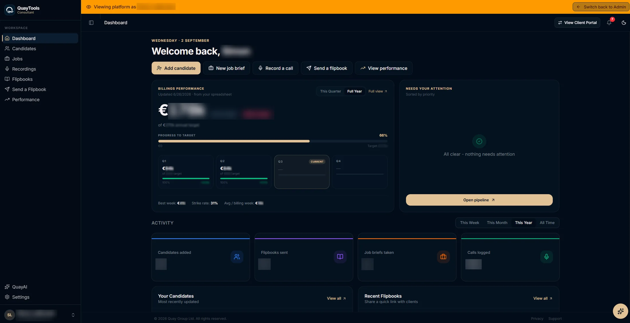 Consultant dashboard with quick actions, billing progress and recent activity.