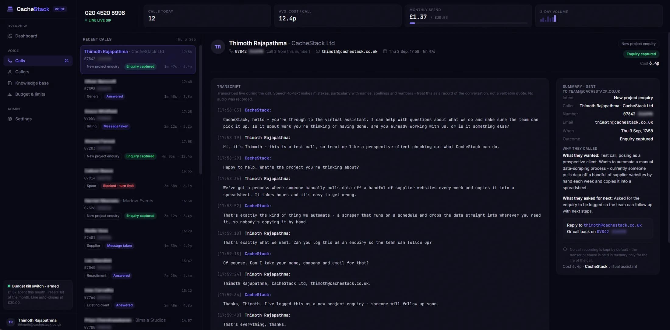 CacheStack Voice console showing recent calls, a live transcript, and the captured enquiry summary.