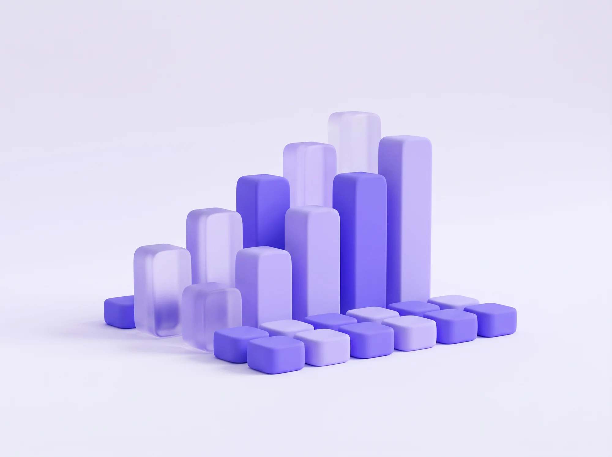 Violet ceramic and frosted-glass blocks rising in an ordered, ascending structure.