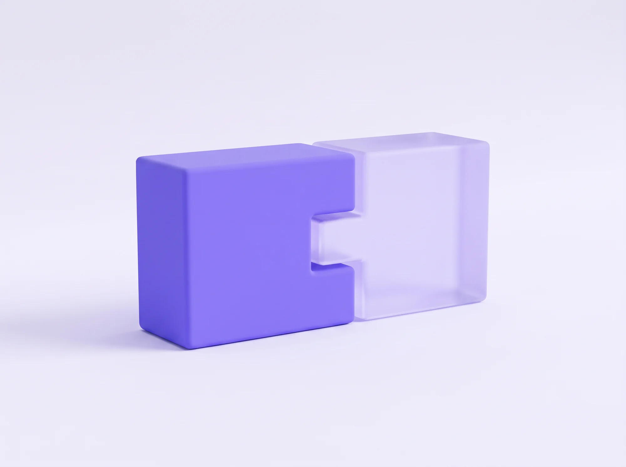 A violet ceramic block and a frosted-glass block with matching stepped profiles, fitting together.